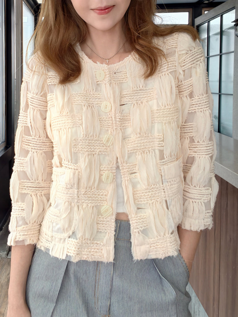 Ivory Textured Woven Pattern Mesh Square Lace Slim Fit Jacket