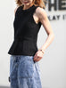 Black Knit Structured Cut-In Shoulder Peplum Tank