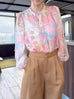 Pinky Floral Ruffle Collar Balloon Sleeve Cotton Silk Blouse