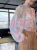 Pinky Floral Ruffle Collar Balloon Sleeve Cotton Silk Blouse