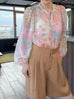 Pinky Floral Ruffle Collar Balloon Sleeve Cotton Silk Blouse