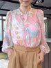 Pinky Floral Ruffle Collar Balloon Sleeve Cotton Silk Blouse