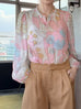 Pinky Floral Ruffle Collar Balloon Sleeve Cotton Silk Blouse