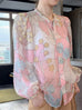 Pinky Floral Ruffle Collar Balloon Sleeve Cotton Silk Blouse