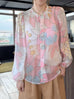 Pinky Floral Ruffle Collar Balloon Sleeve Cotton Silk Blouse