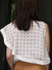 White Print Drape Ruffle Asymmetric Sleeveless Silk Top
