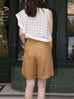 Camel Khaki Scalloped Waist Pleated A-Line Shorts
