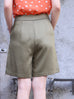 Army Green Scalloped Waist Pleated A-Line Shorts