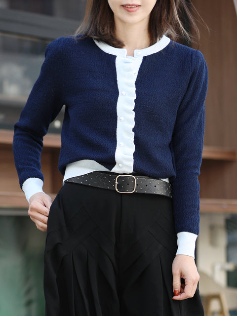 Dark Blue Contrast Trim Ruffle Button Pearl Accent Knit Cardigan