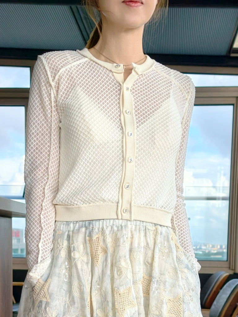 Ivory Delicate Diamond Lattice Knit Unique Button Cardigan