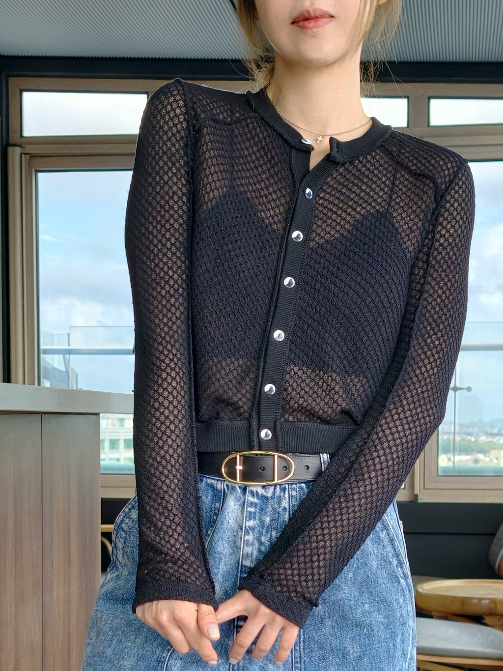 Black Delicate Diamond Lattice Knit Unique Button Cardigan