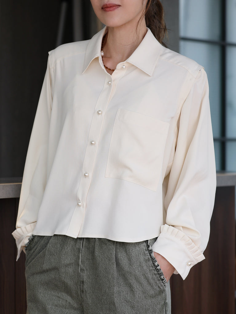 Warm Cream Grid Textured Two-Way Button-Shoulder Silk Shirt