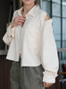 Warm Cream Grid Textured Two-Way Button-Shoulder Silk Shirt