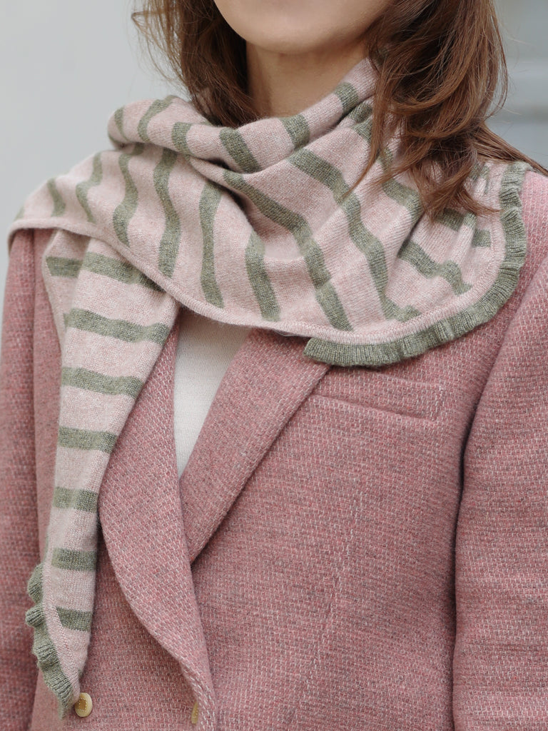 Sage/ Blush Stripe Ruffle Trim Triangle Cashmere Wool Scarf