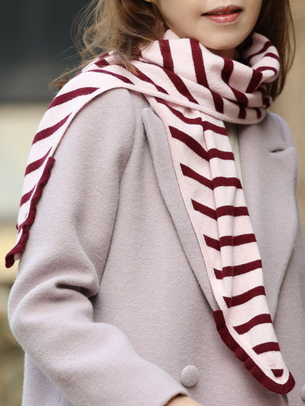 Purple/ Pink Stripe Ruffle Trim Triangle Cashmere Wool Scarf