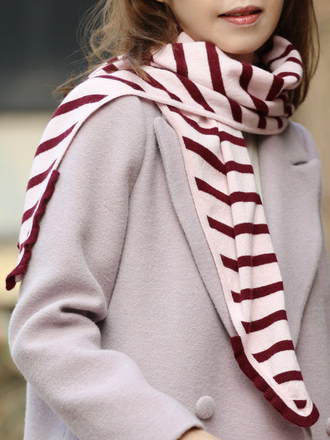 Purple/ Pink Stripe Ruffle Trim Triangle Cashmere Wool Scarf