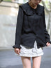 Classic Black Ruffle Collar Long Sleeve Button Silky Blouse
