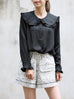 Classic Black Ruffle Collar Long Sleeve Button Silky Blouse