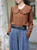 Brown Dots Ruffle Collar Long Sleeve Button Breezy Blouse