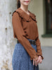 Brown Dots Ruffle Collar Long Sleeve Button Breezy Blouse