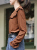 Brown Dots Ruffle Collar Long Sleeve Button Breezy Blouse