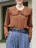 Brown Dots Ruffle Collar Long Sleeve Button Breezy Blouse