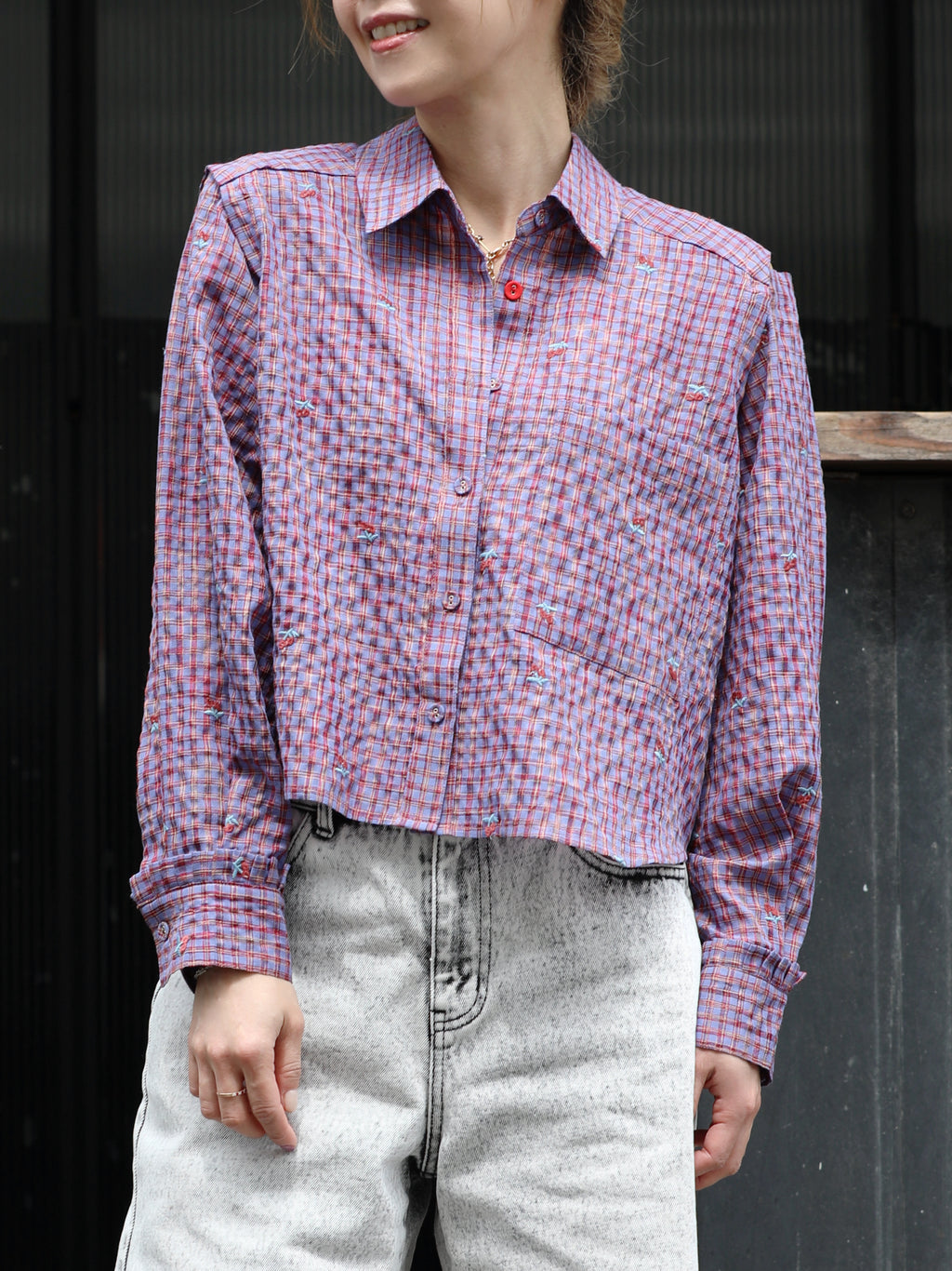 Cherry Embroidered Purple Checked Two-Way Button-Shoulder Shirt