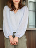 Mist Blue Textured Check Elastic Hem Billow Sleeve Blouse