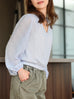 Mist Blue Textured Check Elastic Hem Billow Sleeve Blouse