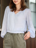 Mist Blue Textured Check Elastic Hem Billow Sleeve Blouse