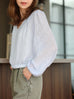 Mist Blue Textured Check Elastic Hem Billow Sleeve Blouse
