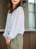 Mist Blue Textured Check Elastic Hem Billow Sleeve Blouse