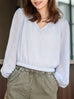 Mist Blue Textured Check Elastic Hem Billow Sleeve Blouse