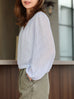 Mist Blue Textured Check Elastic Hem Billow Sleeve Blouse
