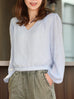 Mist Blue Textured Check Elastic Hem Billow Sleeve Blouse