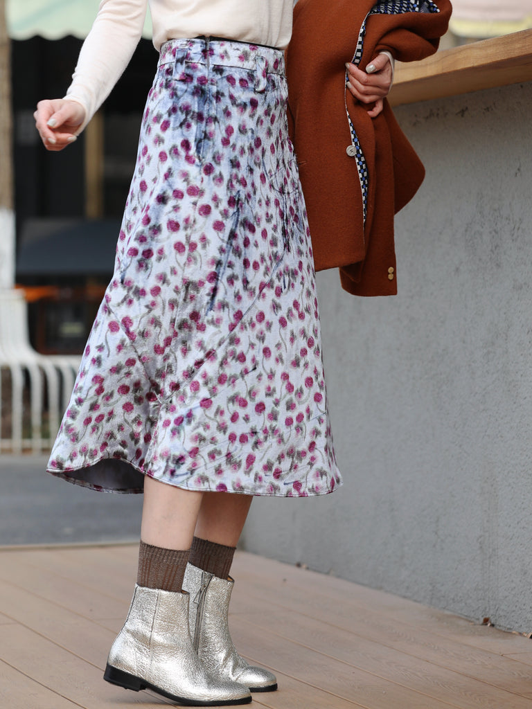 Abstract Floral Print Layered Waist A-line Velvet Midi Skirt