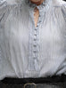 White Fine Stripe Ruffle Neck Button Front Long Sleeve Blouse