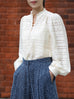 Ivory Sheer Stripe Textured Ruffle Neck Long Sleeve Blouse