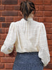 Ivory Sheer Stripe Textured Ruffle Neck Long Sleeve Blouse