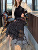 Black Ditsy Dots Print Tiered Ruffle Midi Skirt