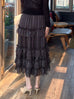 Black Ditsy Dots Print Tiered Ruffle Midi Skirt