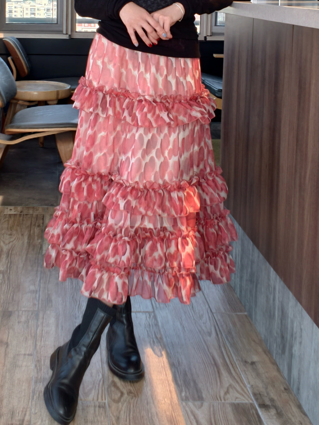 Coral Pink Abstract Print Tiered Ruffle Midi Skirt