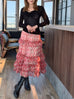 Coral Pink Abstract Print Tiered Ruffle Midi Skirt