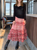 Coral Pink Abstract Print Tiered Ruffle Midi Skirt