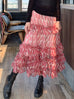 Coral Pink Abstract Print Tiered Ruffle Midi Skirt