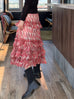 Coral Pink Abstract Print Tiered Ruffle Midi Skirt