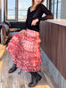 Coral Pink Abstract Print Tiered Ruffle Midi Skirt