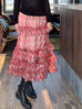 Coral Pink Abstract Print Tiered Ruffle Midi Skirt