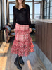 Coral Pink Abstract Print Tiered Ruffle Midi Skirt