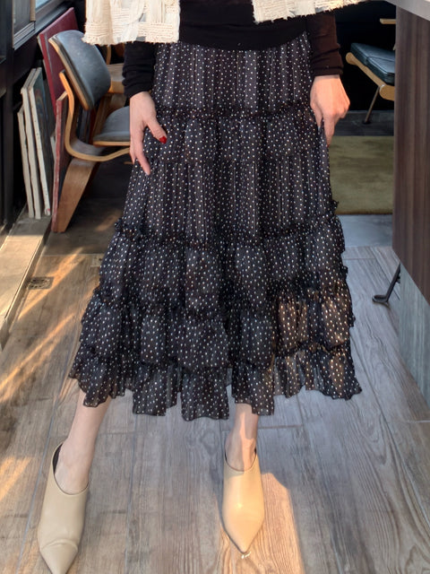Black Ditsy Dots Print Tiered Ruffle Midi Skirt